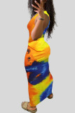 Pink Sexy Print Hollowed Out Patchwork V Neck One Step Skirt Dresses