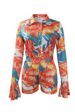 Red Print Patchwork Turndown Collar Skinny Rompers