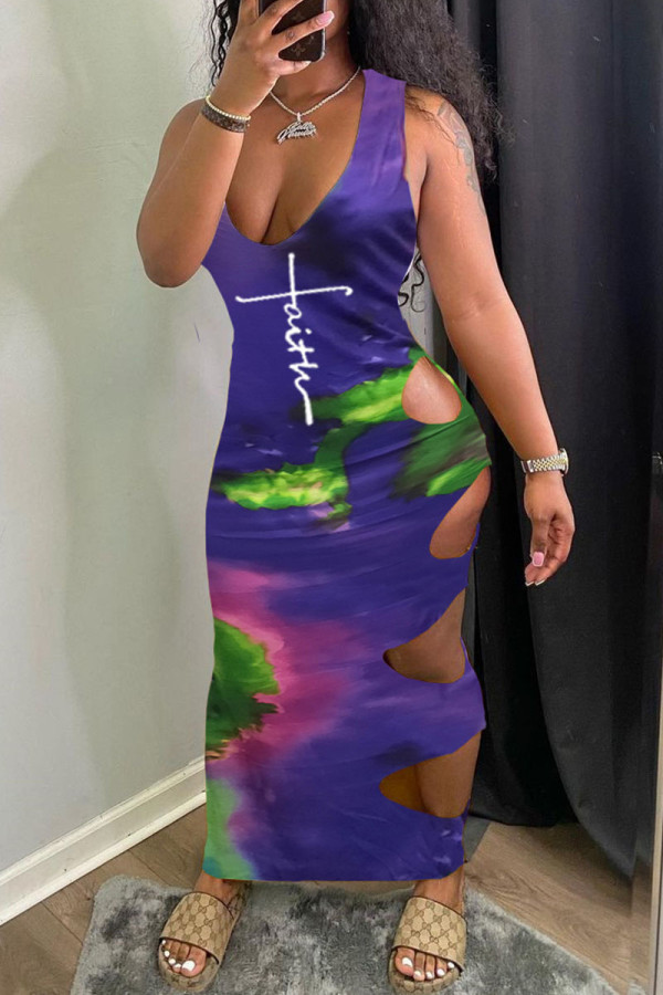 Purple Sexy Print Hollowed Out Patchwork V Neck One Step Skirt Dresses