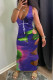 Purple Sexy Print Hollowed Out Patchwork V Neck One Step Skirt Dresses