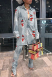 Multicolor Fashion Casual Print Patchwork Turndown Collar Long Sleeve Two Pieces
