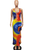 Pink Sexy Print Hollowed Out Patchwork V Neck One Step Skirt Dresses