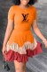 Orange Fashion Casual Letter Patchwork O Neck A Line Dresses