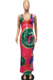 Pink Sexy Print Hollowed Out Patchwork V Neck One Step Skirt Dresses