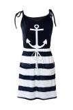 Tibetan Blue Sexy Casual Print Bandage Patchwork Backless Spaghetti Strap Sleeveless Dress