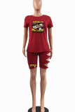 Red Casual Print Hollowed Out Patchwork O Neck Short Sleeve Two Pieces