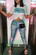 Blue Fashion Elegant Print Patchwork Letter O Neck Short Sleeve Two Pieces