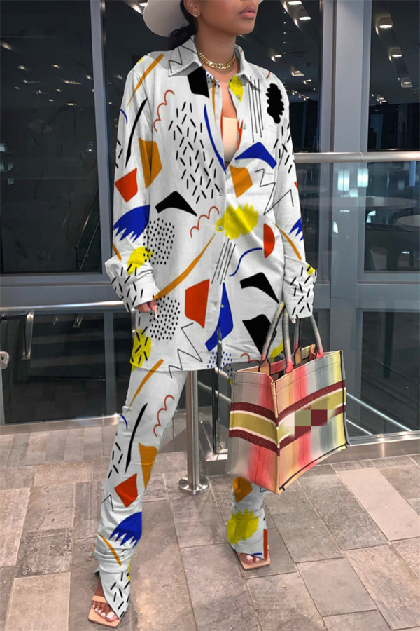 White Fashion Casual Print Patchwork Turndown Collar Long Sleeve Two Pieces