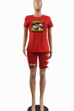 Red Casual Print Hollowed Out Patchwork O Neck Short Sleeve Two Pieces