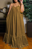 Brown Sexy Casual Solid Backless Spaghetti Strap Loose Sling Dress