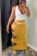 Yellow Sexy Print Hollowed Out Patchwork V Neck One Step Skirt Dresses