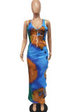 Pink Sexy Print Hollowed Out Patchwork V Neck One Step Skirt Dresses