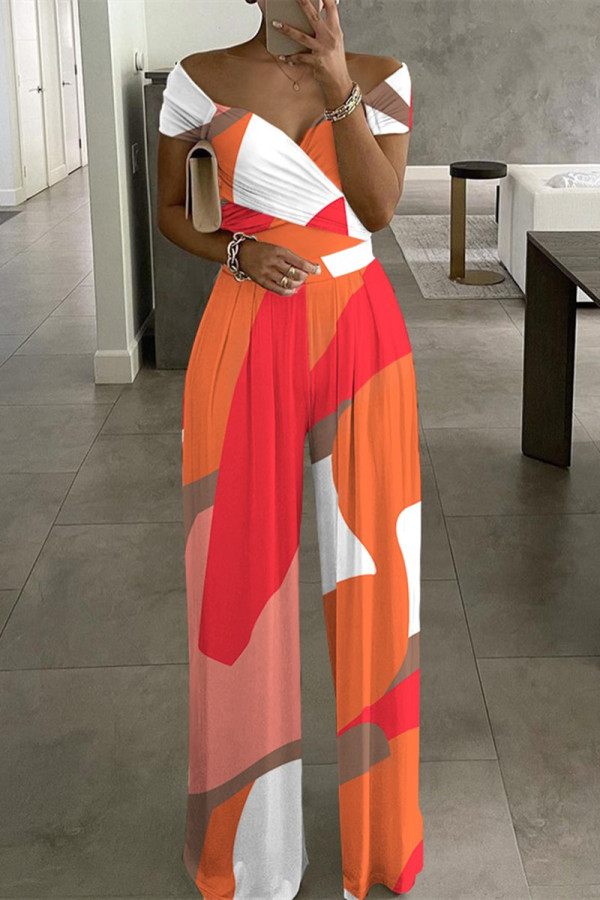 Colour Fashion Casual Print Patchwork V Neck Regular Jumpsuits