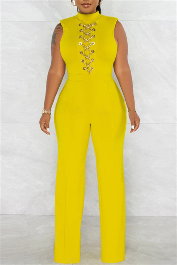 Yellow Fashion Casual Solid Patchwork Half A Turtleneck Regular Jumpsuits