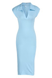 Blue Fashion Casual Solid Basic V Neck Sleeveless Dress