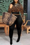 Leopard Print Fashion Leopard Patchwork O Neck Long Sleeve Two Pieces