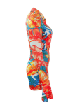 Red Print Patchwork Turndown Collar Skinny Rompers