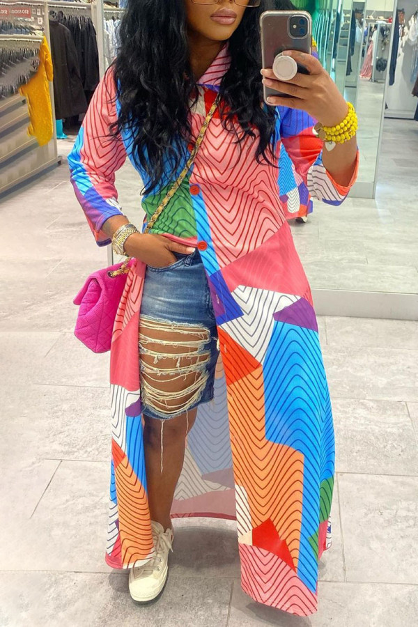 Multicolor Casual Print Patchwork Buckle Turndown Collar Shirt Dress Dresses