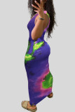 Pink Sexy Print Hollowed Out Patchwork V Neck One Step Skirt Dresses