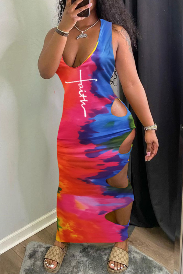 Tangerine Red Sexy Print Hollowed Out Patchwork V Neck One Step Skirt Dresses
