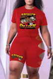 Red Casual Print Hollowed Out Patchwork O Neck Short Sleeve Two Pieces