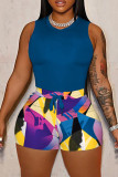 Colour Casual Print Patchwork O Neck Sleeveless Two Pieces