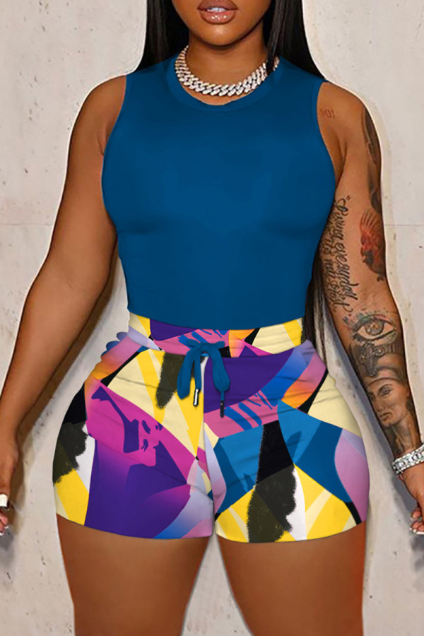 Lake Blue Casual Print Patchwork O Neck Sleeveless Two Pieces