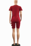 Red Casual Print Hollowed Out Patchwork O Neck Short Sleeve Two Pieces