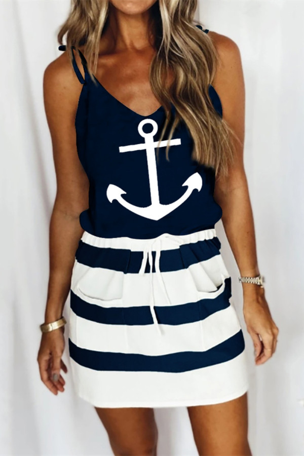 Tibetan Blue Sexy Casual Print Bandage Patchwork Backless Spaghetti Strap Sleeveless Dress