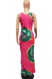 Pink Sexy Print Hollowed Out Patchwork V Neck One Step Skirt Dresses