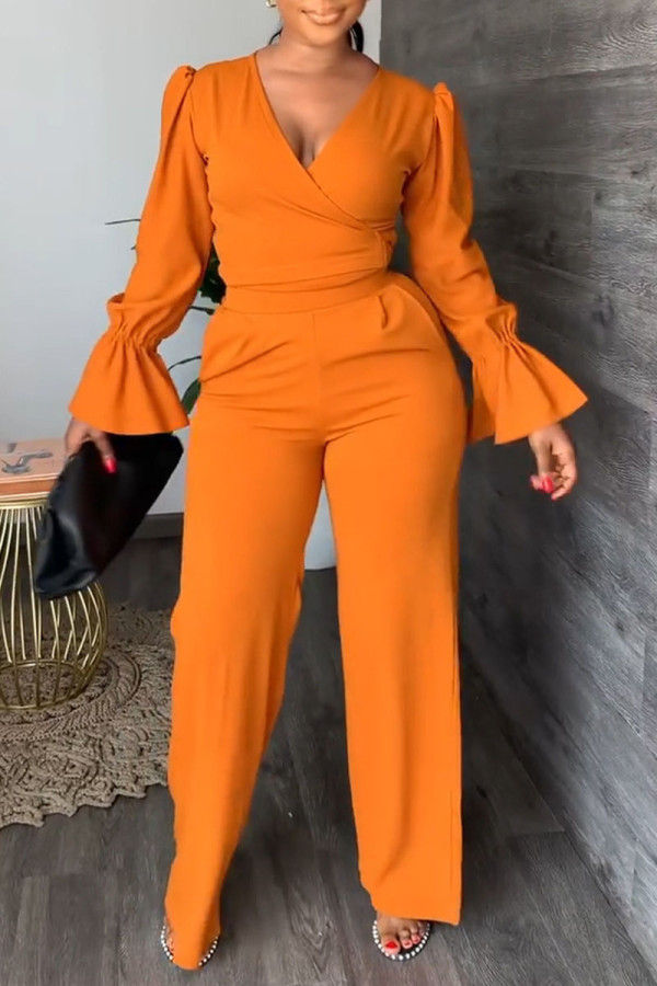 Orange Casual Solid Patchwork V Neck Long Sleeve Two Pieces