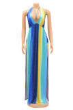 Blue Sexy Striped Print Bandage Patchwork Backless Slit Halter Straight Jumpsuits