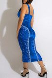 Blue Sexy Solid Patchwork See-through Hot Drill Spaghetti Strap One Step Skirt Dresses