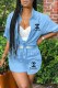 Sky Blue Fashion Elegant Print Letter Turndown Collar Short Sleeve Two Pieces