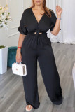 Rose Red Fashion Casual Solid Hollowed Out Patchwork V Neck Regular Jumpsuits