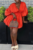 Tangerine Red Fashion Casual Solid Patchwork V Neck A Line Dresses