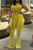 Yellow Sexy Casual Solid Bandage Patchwork Turtleneck Sleeveless Two Pieces