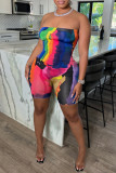 Multicolor Sexy Casual Print Backless Strapless Skinny Romper