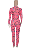 Rose Red Sexy Butterfly Print Patchwork Zipper Collar Skinny Jumpsuits