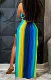 Blue Sexy Striped Print Bandage Patchwork Backless Slit Halter Straight Jumpsuits