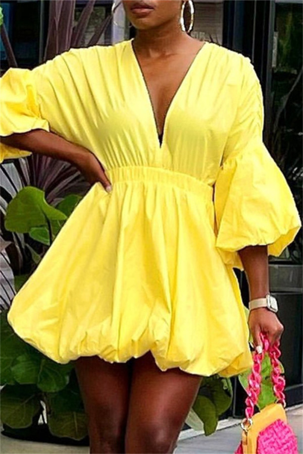 Yellow Fashion Casual Solid Patchwork V Neck A Line Dresses