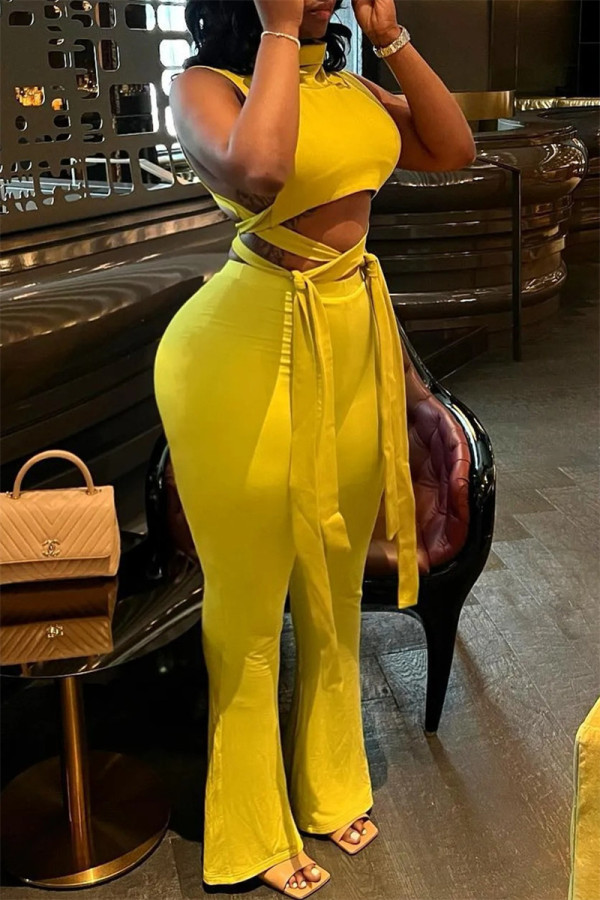 Yellow Sexy Casual Solid Bandage Patchwork Turtleneck Sleeveless Two Pieces