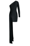 Black Celebrities Solid Patchwork Asymmetrical Oblique Collar Evening Dress Dresses