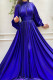 Blue Fashion Solid Hollowed Out Patchwork Slit Turtleneck Long Sleeve Dresses