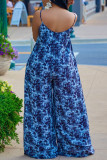 Blue Sexy Casual Print Backless Spaghetti Strap Regular Jumpsuits
