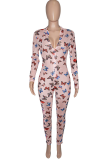 Pink Sexy Butterfly Print Patchwork Zipper Collar Skinny Jumpsuits