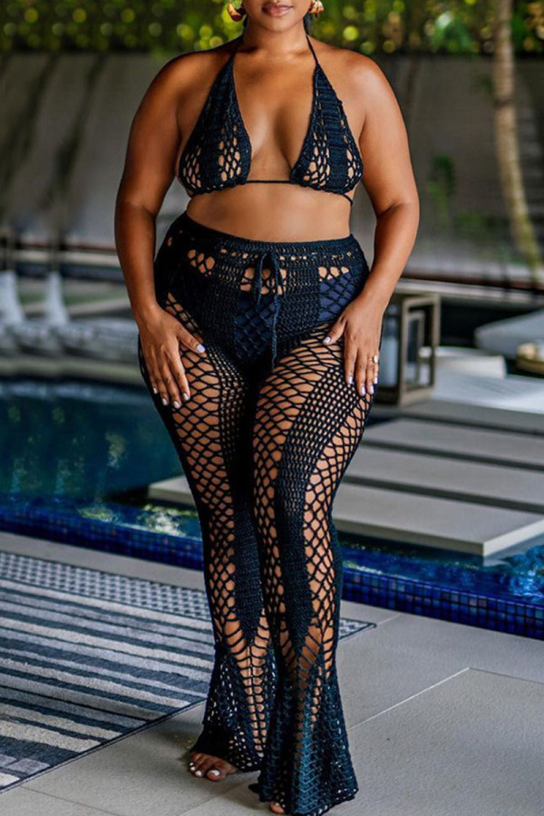 Black Sexy Solid Bandage Hollowed Out Patchwork Halter Sleeveless Two Pieces
