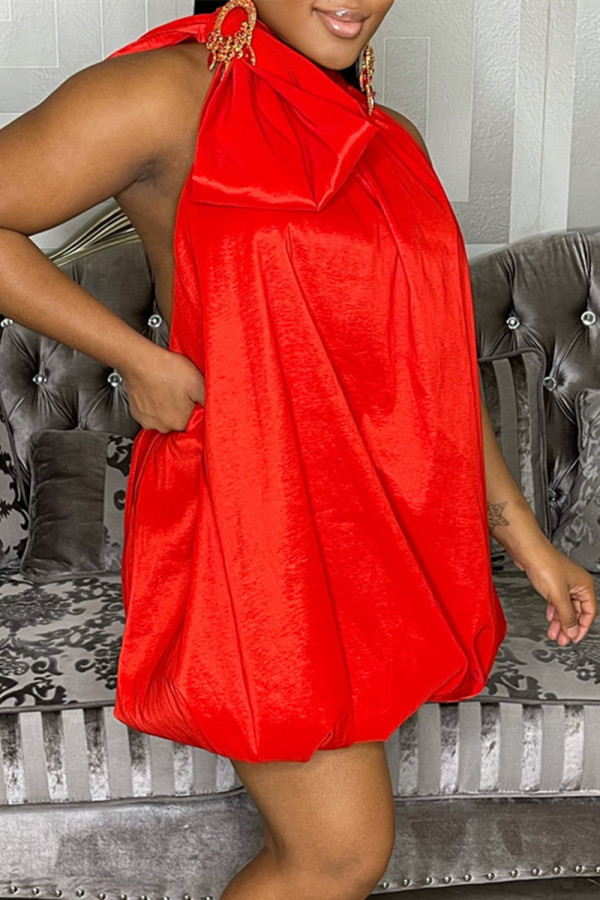 Red Sexy Casual Solid Backless Halter Sleeveless Dress Dresses