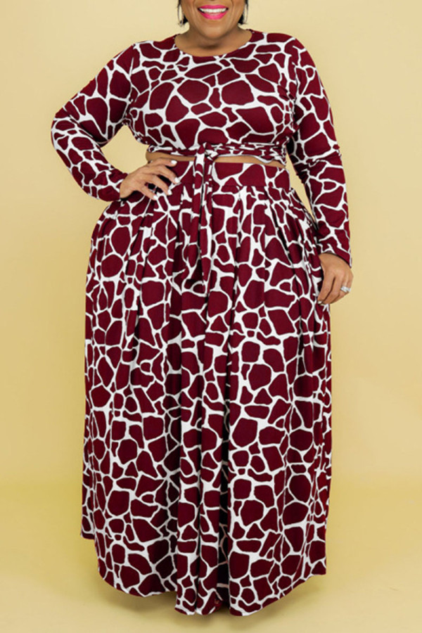 Burgundy Casual Print Bandage Patchwork O Neck Plus Size Two Pieces