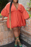 Tangerine Red Fashion Casual Solid Patchwork V Neck A Line Dresses